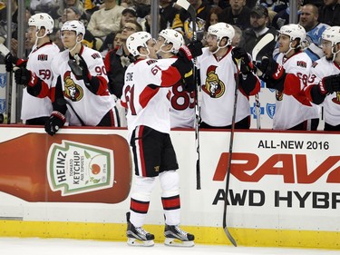 Mark Stone #61 of the Ottawa Senators celebrates his first period goal.