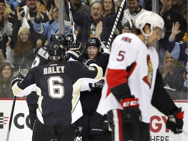 Matt Cullen #7 of the Pittsburgh Penguins celebrates his first period goal.