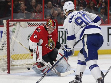 The Lightning’s Vladislav Namestnikov tries to score on Senators goalie Craig Anderson during second period action.