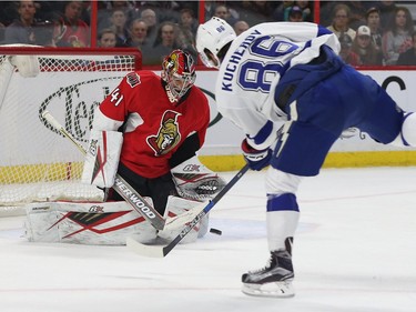 The Lightning’s Nikita Kucherov tries to score on Senators goalie Craig Anderson during second period action.