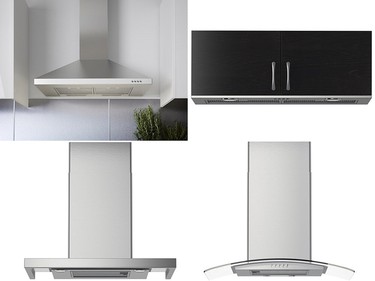 Affordable yet stylish range hood options from Ikea. Clockwise from top left: Luftig stainless-steel chimney-style hood, $399; Eventuell built-in, $599; Godmodig wall-mounted, $449; Kortvarig stainless-steel hood, $849.