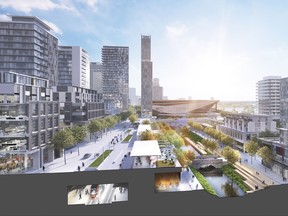 Cross-section rendering shows the light-rail line beneath a pedestrian plaza that would overlook the LeBreton aquaduct.