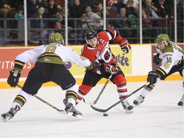 Riley Bruce, left, tries to stop Dante Salituro, centre, with Mike Amadio poking at the puck.