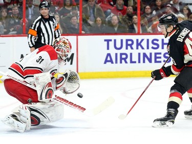 Rya Dzingel of the Ottawa Senators shoots during a breakaway but is saved by Eddie Lack of the Carolina Hurricanes during first period NHL action.