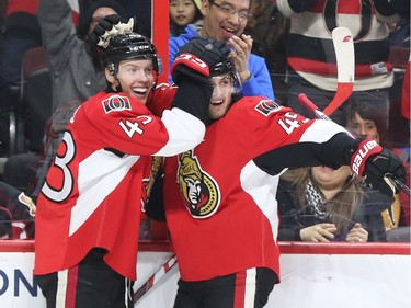 Ryan Dzingel, left, celebrates his first goal with Chris Wideman of the Ottawa Senators during first period NHL action.