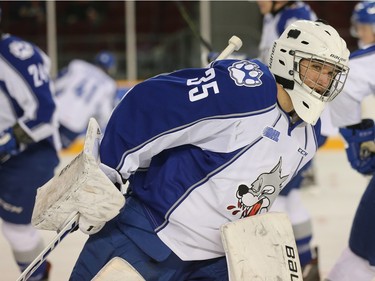 Sudbury goalie Zack Bowman skates off the ice during the warm-up.