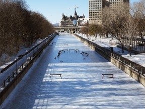 The Rideau Canal Skateway is photographed from The Corktown Footbridge.