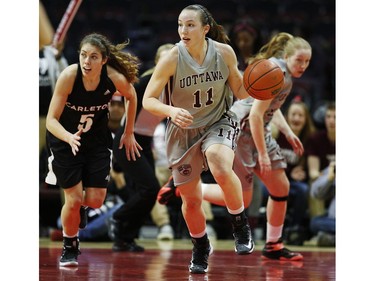 uOttawa Gee-Gees' Kellie Ring, 11, carries the ball up court against the Carleton University Ravens.