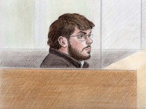 Court sketch of Ismael Habib, 28, of Montreal appearing in court in Gatineau on March 3, 2016. Lauren Foster-MacLeod