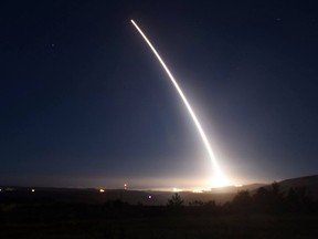 FILE - In this Saturday, Feb. 20, 2016 file photo provided by U.S. Air Force, an unarmed Minuteman III intercontinental ballistic missile launches during an operational test at Vandenberg Air Force Base, Calif. Like a giant pen stroke in the sky, an unarmed Minuteman 3 nuclear missile roared out of its underground bunker on the California coastline Friday, Feb. 26, 2016, and soared over the Pacific, inscribing the signature of American power amid growing worry about North Koreaís pursuit of nuclear weapons capable of reaching U.S. soil. When it comes to deterring an attack by North Korea or other potential adversaries, the missile is the message.  (U.S. Air Force via AP, File)  ORG XMIT: CAET737