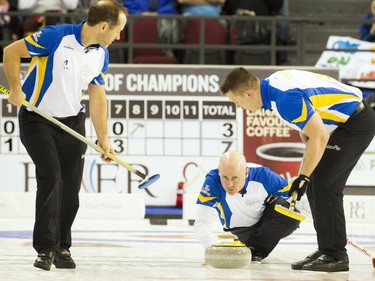 Alberta's skip Kevin Koe releases the rock during the gold medal game at the Tim Hortons Brier held at TD Place Arena Sunday March 13, 2016.