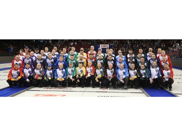 All the teams participating in the Tim Hortons Brier lined up for a picture after the opening ceremony, March 05, 2016.