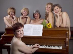 Among the cast of Ottawa Little Theatre's Calendar Girls are, standing from left, Rosemarie Dawson-Hill, Cheryl Jackson, Janet Uren, Ann Scholberg and Jane Morris. Seated at the piano is Judy McCormick. The production's cast and crew posed naked for a fundraising calendar. (Photo: Maria Vartanova)