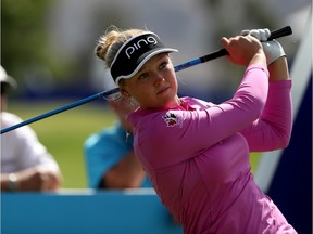 Brooke Henderson of Canada hits a shot on the 18th hole during the Pro-Am as a preview for the 2016 ANA Inspiration Championship at the Mission Hills Country Club on March 30, 2016 in Rancho Mirage, California.