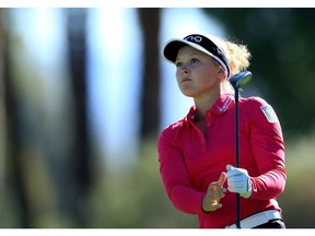 RANCHO MIRAGE, CA - MARCH 31:  Brooke Henderson of Canada follows her tee shot at the par 3, fifth hole during the first round of the 2016 ANA Inspiration at Mission Hills Country Club on March 31, 2016 in Rancho Mirage, California.