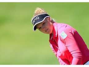RANCHO MIRAGE, CA - MARCH 31:  Brooke Henderson of Canada putts at the par 3, eighth hole during the first round of the 2016 ANA Inspiration at Mission Hills Country Club on March 31, 2016 in Rancho Mirage, California.