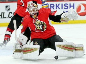 Andrew Hammond makes a stop after replacing Craig Anderson in the second period as the Ottawa Senators take on the St Louis Blues in NHL action at the Canadian Tire Centre.