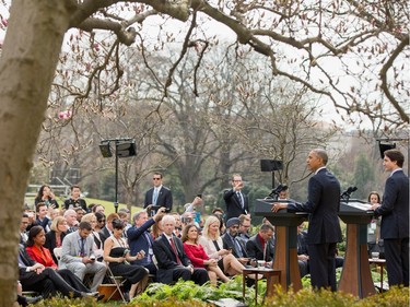 President Barack Obama and Canadian Prime Minister Justin Trudeau participate in a bilateral news conference in the Rose Garden of the White House in Washington, Thursday, March 10, 2016.