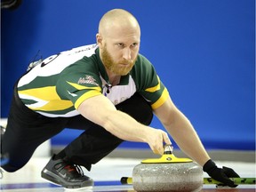 Northern Ontario skip Brad Jacob makes a shot during a draw against Quebec at the Tim Hortons Brier, Sunday March 6, 2016, in Ottawa.