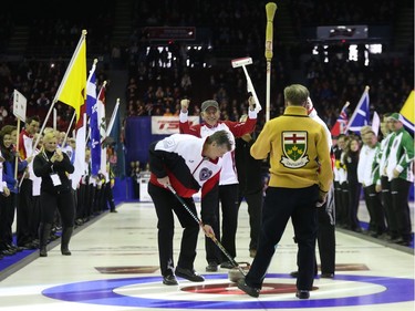 Ceremonial stone is thrown during the opening ceremony for the Tim Hortons Brier at TD Place in Ottawa, March 05, 2016.