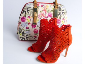 Step out of your neutral zone and into spring and summer style in the Ralidien peep toe cutout shootie, $95, and Outline floral bag, $60, from Aldo.