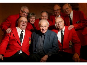 Former Brier champion, Alf Phillips Jr. (centre), is joined by just a handful of his pals from the Governor General's Curling Club at the Canadian Curling Hall of Fame Dinner, held Wednesday (March 9, 2016) at the Westin Hotel in downtown Ottawa. (JULIE OLIVER/POSTMEDIA NETWORK)