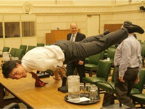 Justin Trudeau strikes a peacock yoga pose in 2011.