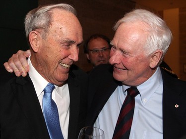 From left, Frank McArdle and Governor General David Johnston get chummy following the presentation of the Key to the City to Supreme Court of Canada Chief Justice Beverley McLachlin, to whom McArdle is married.