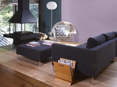 The contrast between soft mauve (Sico’s Violet Ambiance, 6013-31) and dark slate (Flanders Lake, 6169-73) delivers a sense of stability to a space.
