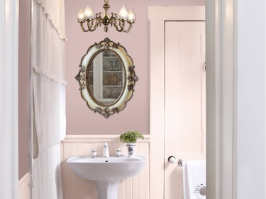 Pairing matte and high-gloss pastel finishes is in vogue, no matter what the room. Featured in this dusty rose powder room is Sico’s Venice Skyline (6082-31) in matte on the walls and Zuni Landscape (6073-21) in gloss on the wainscoting, door and trim.