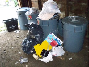 Garbage bins in a garage on a property in Centretown.