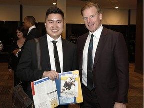 Jayson Pham, a university student who shares his story of living with PTSD and depression, poses for a photo with retired Ottawa Senators captain Daniel Alfredsson at the Royal Ottawa Hospital Inspiration Awards Gala.