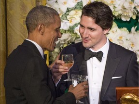 Prime Minister Justin Trudeau proposes a toast to US President Barack Obama during a state dinner Thursday, March 10, 2016 in Washington.