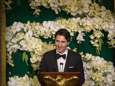 Prime Minister Justin Trudeau addresses a state dinner with US President Barack Obama Thursday, March 10, 2016 in Washington.
