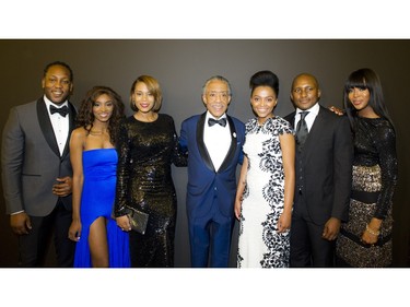L-R: Tyrone Edwards, Gwen Madibaat, Aisha McShaw, Reverend Al Sharpton, Lindo Mandela, Zondwa Mandela and Naomi Campbell at the 2016 Black History Month Gala, held at the Museum of History in Gatineau, Saturday March 19, 2016.