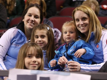 L to R: Sacha Beauchamp, Liliane Gaudreau (bottom L), Marie-Soleil Lemay, Alexandra Lemay and Mom Annie Lemay (R) support Team Quebec at the Tim Hortons Brier at TD Place in Ottawa, March 05, 2016.