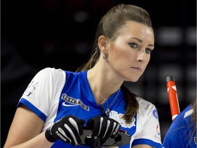 Emma Miskew, who was taking in the Brier action on Saturday, said it's 'way less stressful' be in the stands watching.