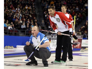 Martin Crete, third of Team Quebec, yells after his rock against Team Canada at the Tim Hortons Brier at TD Place in Ottawa, March 05, 2016.