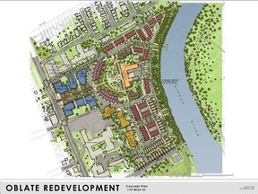Siteplan of Regional’s development for the Oblate lands off Main Street, which will be built by eQ Homes. It will include condos, townhomes and singles in a green community that emphasizes pedestrians and incorporates both the Oblate Fathers’ Deschatelets Building and the nearby convent housing the Sisters of the Sacred Heart.