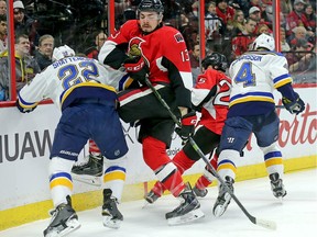 Nick Paul gets tangled up with Kevin Shattenkirk in the first period as the Ottawa Senators take on the St Louis Blues in NHL action at the Canadian Tire Centre. Assignment - 122903 (Wayne Cuddington)