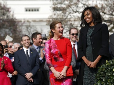 First lady Michelle Obama and Sophie Grégoire-Trudeau, talk during the arrival ceremony at the White House, Thursday March 10, 2016 in Washington.