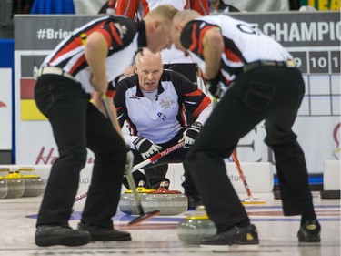 Ontario skip Glenn Howard watches his sweepers as the Tim Horton's Brier continues on Sunday at TD Place in Ottawa.