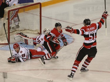 67s forward Artur Tyanulin scores on IceDogs goalie Alex Nedeljkovic during first period action.