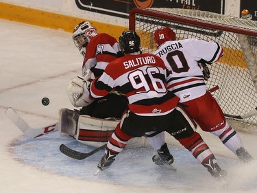 67s goalie Leo Lazarev makes a save against IceDogs Anthony DiFruscia during first period action.