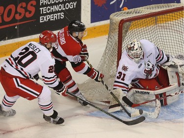 67s forward Dante Salituro tries to score on IceDogs goalie Alex Nedeljkovic during first period action.