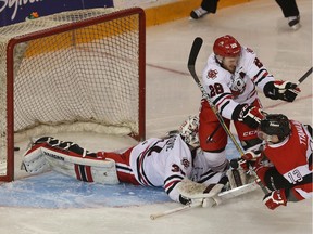 67s forward Artur Tyanulin scores on IceDogs goalie Alex Nedeljkovic during first period action.