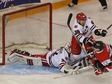 67s forward Artur Tyanulin scores on IceDogs goalie Alex Nedeljkovic during first period action.