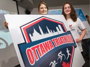 Ottawa athletes Samantha Klus (L) and Kaitlyn Jones will be participating in the triathlon as the City of Ottawa and Ottawa Tourism join forces with Triathlon Canada to announce that the National Capital Region will host the Ottawa Triathlon for 2016 and 2017 with the Rideau Canal and Dow's Lake anchoring the route. Assignment - 123275 (Wayne Cuddington)