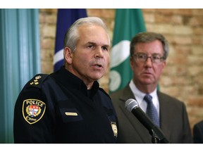 Ottawa Police Chief Charles Bordeleau speaks during a press conference after meeting with Mayor Jim Watson, Ottawa Centre MPP Yasir Naqvi, Coun. Eli El-Chantiry--who chairs the police services board--and Ken Bryden--Acting Staff Sergeant of the Ottawa Police Guns and Gang Unit--on Monday evening, Jan. 12, 2015. The meeting was held to address the spike in gang-related shootings in Ottawa.