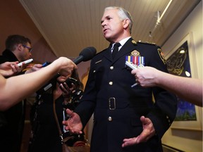 Ottawa Police Service Chief, Charles Bordeleau, speaks with the media after a police board meeting at Ottawa City Hall Monday March 21, 2016.
